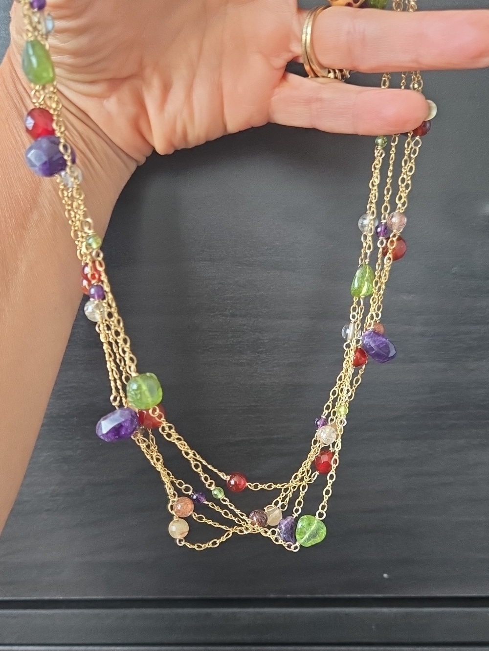 14kt GF 5 Strand Vintage Multigemstone Necklace, 18"